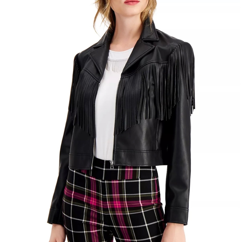 Bar III Fringed Faux Leather Jacket
